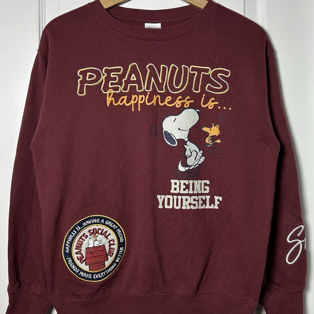Peanuts Burgundy Snoopy Woodstock‎ Social Club Patch Embroidered Cozy Sweatshirt